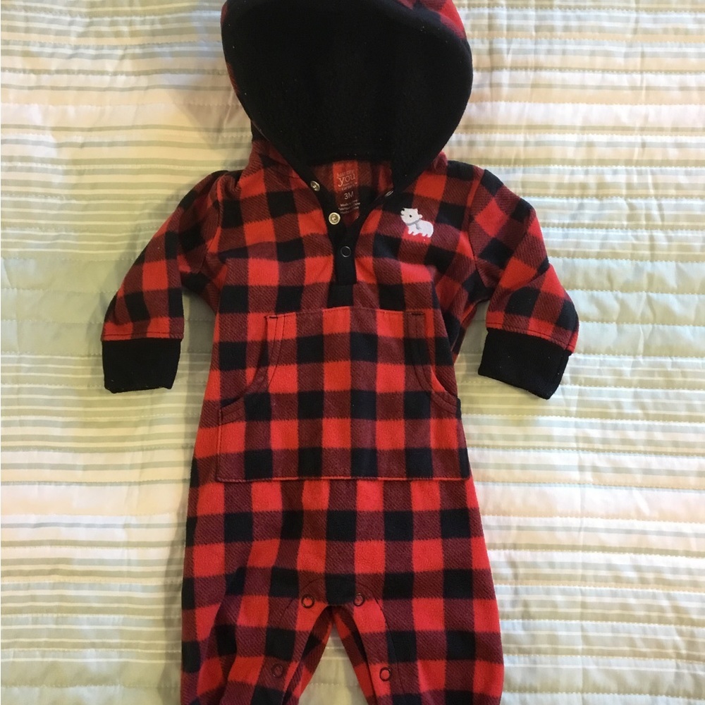 Carters, one piece flannel 3 Month Hooded, snaps. Black and red. Medium weight.